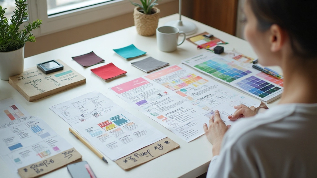 Color palette swatches and typography samples on designer's workspace