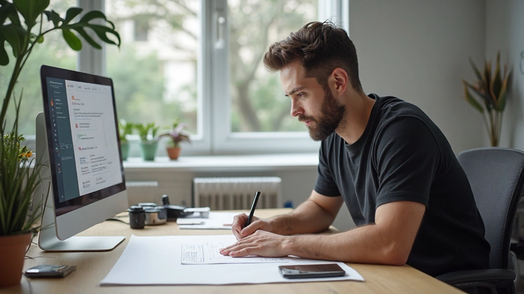 Designer sketching mobile wireframes on paper with smartphone reference nearby