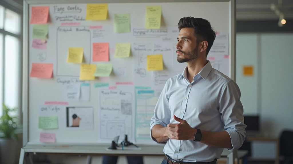 Designer reviewing research findings with sticky notes organized on a wall, creating prioritization matrix