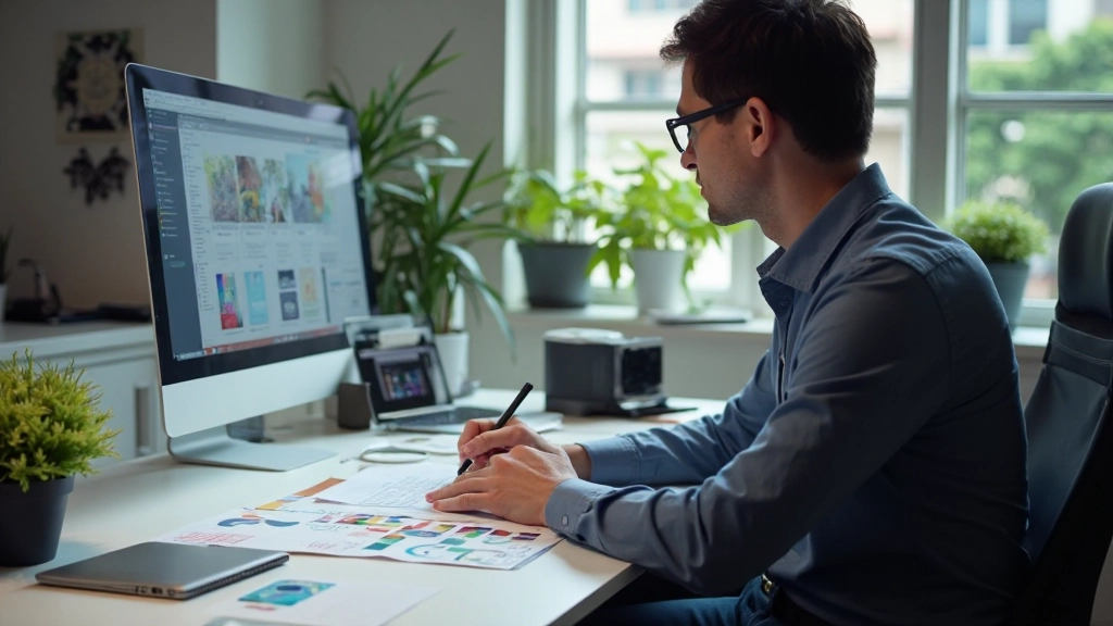 Designer working on interface layout with sketches and digital tools on desk