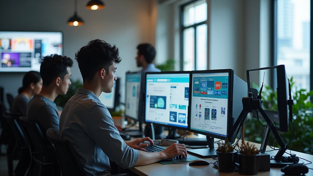 Web designers collaborating on UI/UX projects in a modern studio