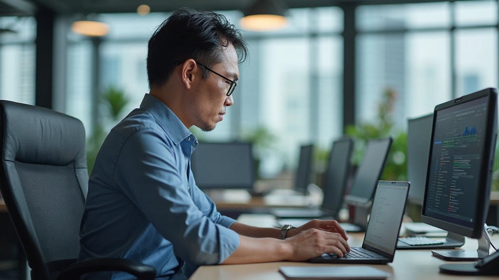 Quality assurance engineer testing website on multiple physical devices including phones, tablets, and laptop computers