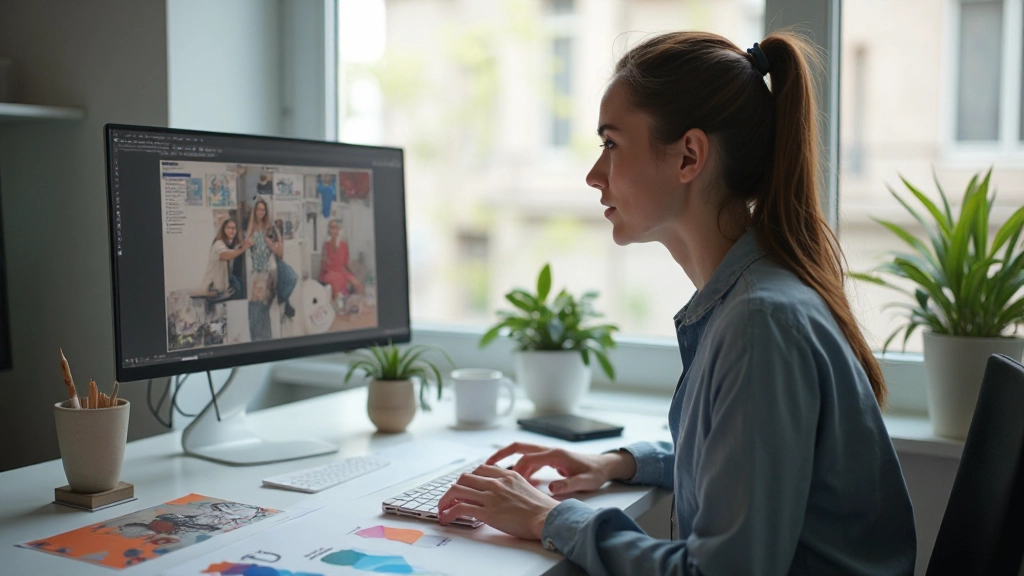 Designer's workspace showing design system components, color palettes, and typography guidelines organized systematically on screen